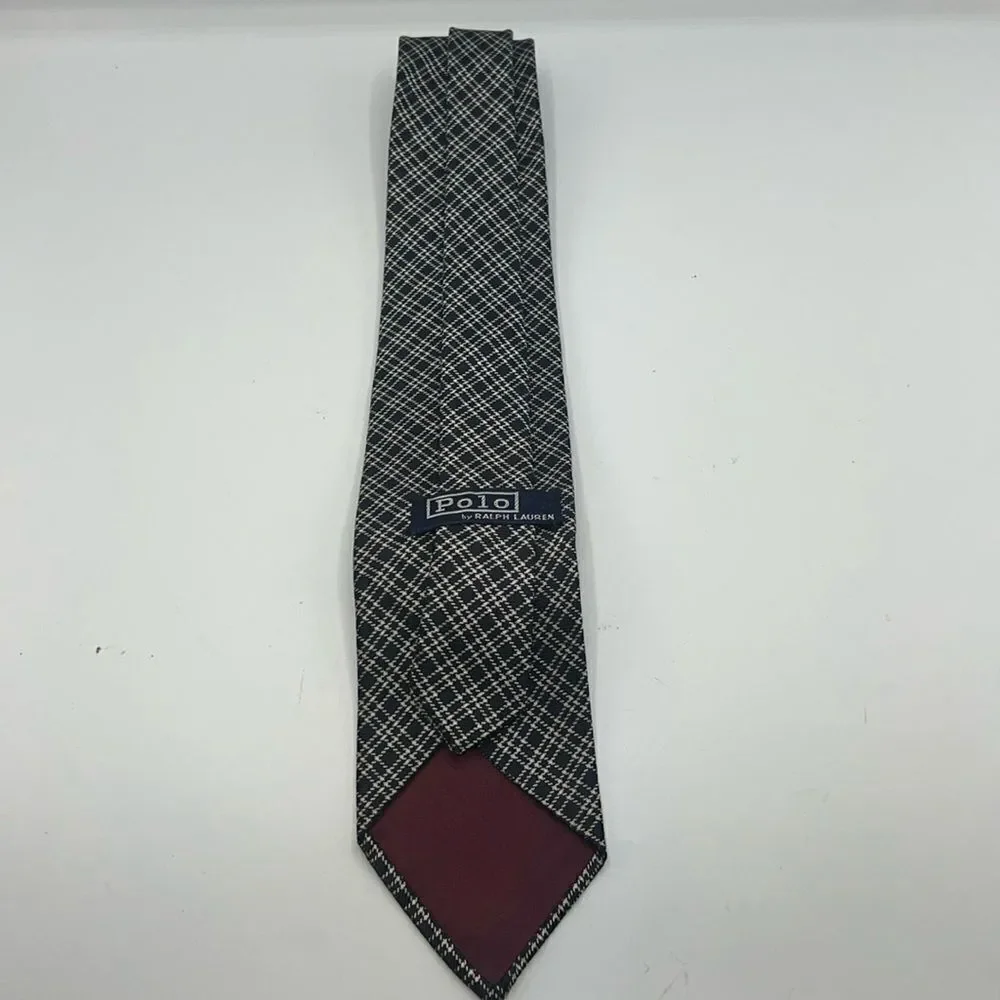 POLO RALPH LAUREN Handmade Midnight Blue and Offwhite Plaid Pattern Silk Tie